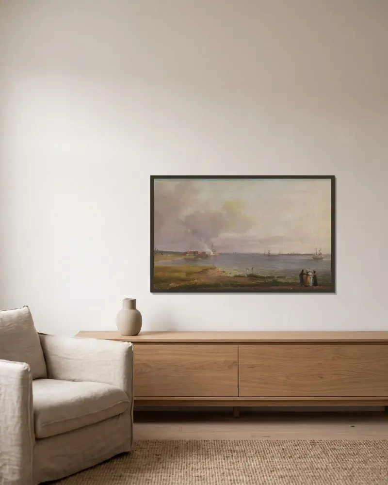 Utsikt över Öresund vid kalkbruket av Johan Christian Dahl inramad på en vägg