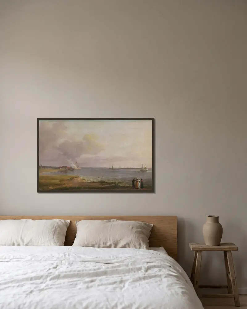 Utsikt över Öresund vid kalkbruket av Johan Christian Dahl inramad på en vägg