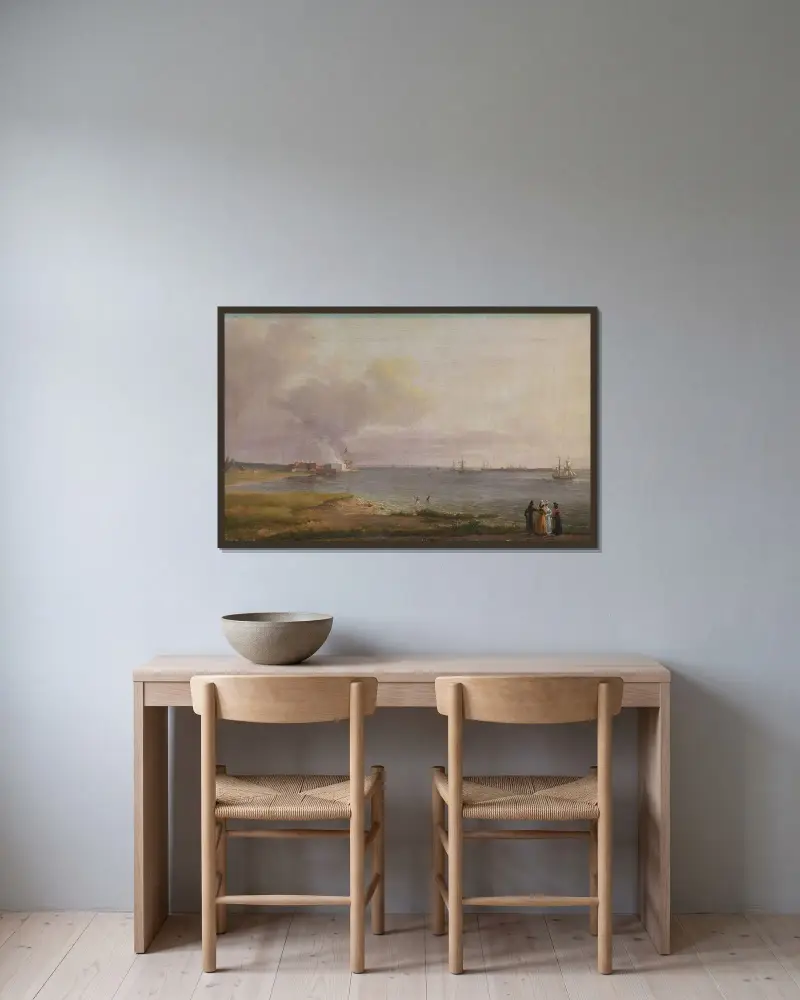 Utsikt över Öresund vid kalkbruket av Johan Christian Dahl inramad på en vägg