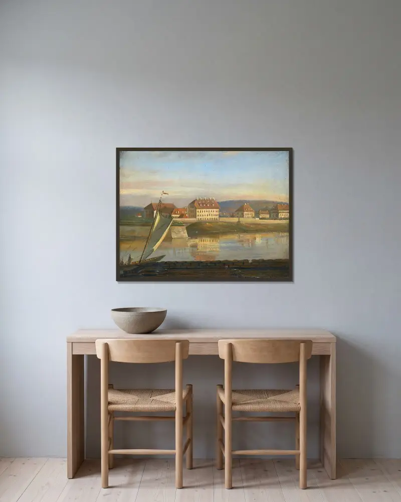 Utsikt över Elbe och kasernerna av Johan Christian Dahl inramad på en vägg