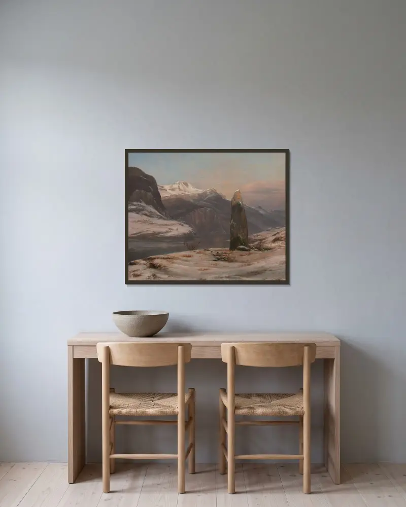 Vinter vid Sognefjorden av Johan Christian Dahl inramad på en vägg