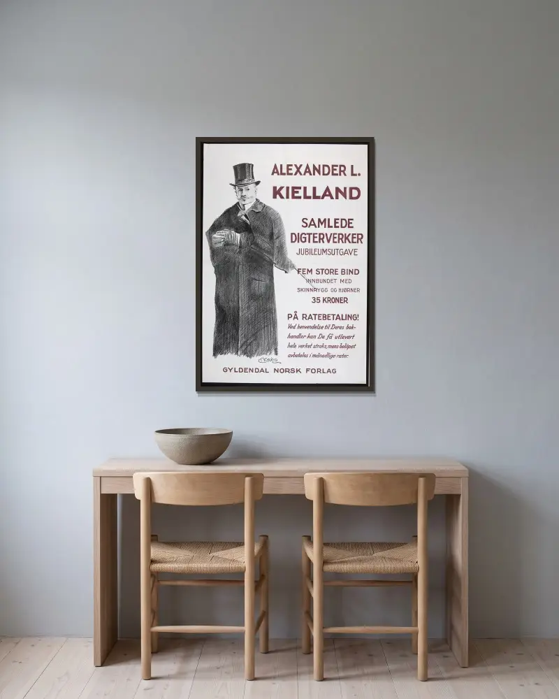 Alexander L. Kielland; Samlade dikter, jubileumsutgåva av Christian Krohg inramad på en vägg