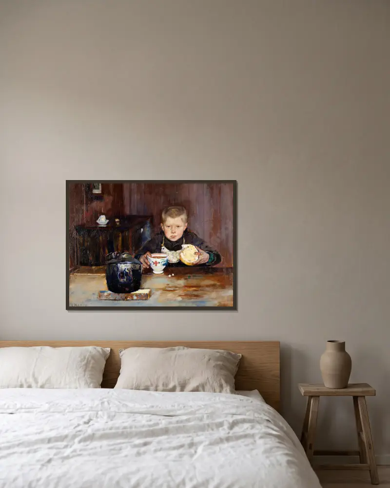 Laufbursche beim Kaffeetrinken von Christian Krohg gerahmt an einer Wand