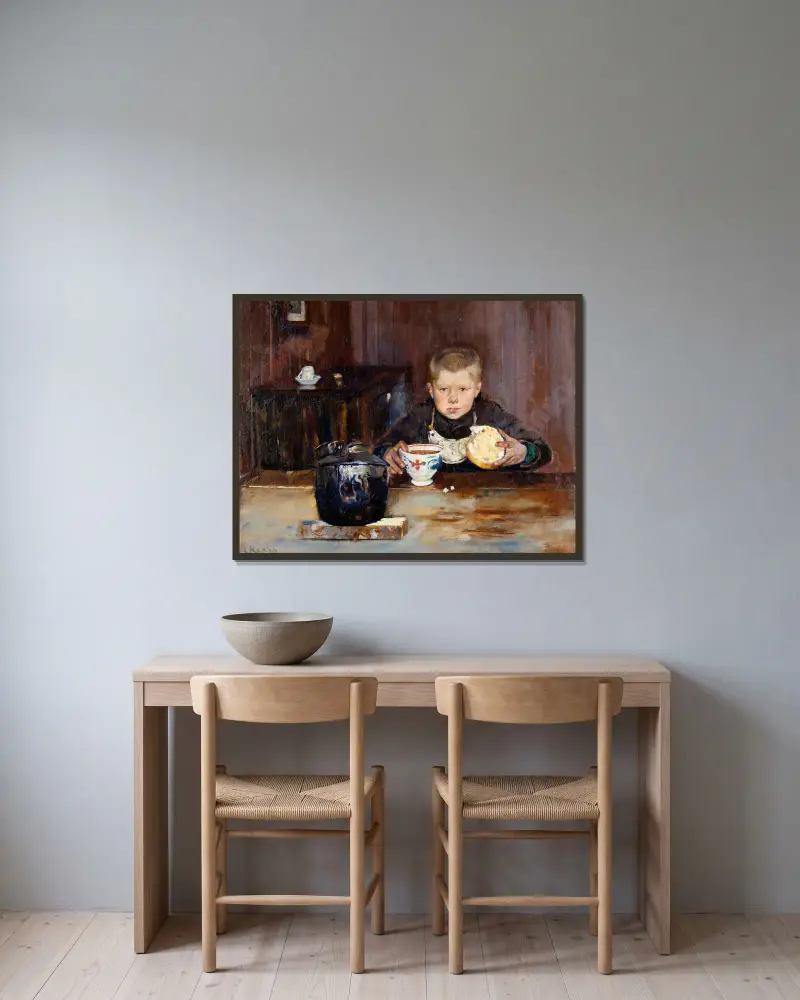 Laufbursche beim Kaffeetrinken von Christian Krohg gerahmt an einer Wand