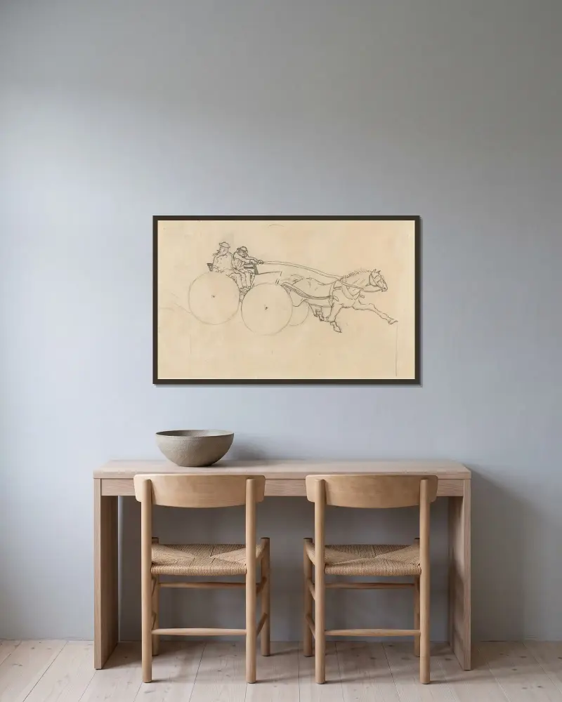 Häst och kärra med två figurer av Christian Krohg inramad på en vägg