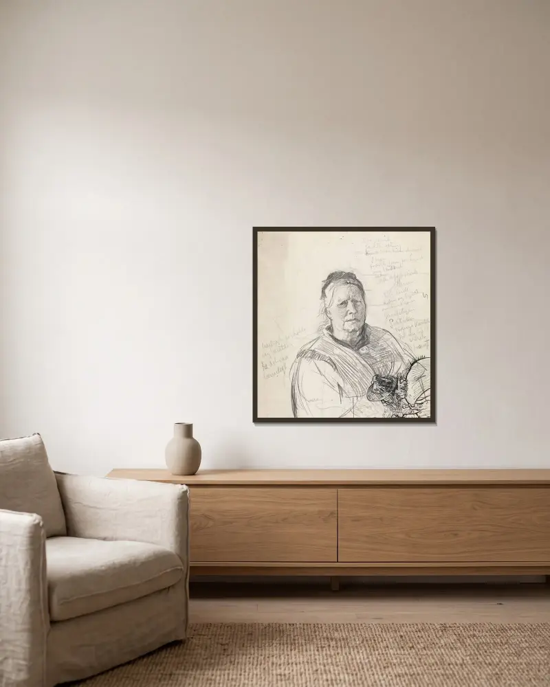 Frauenporträt und Entwurf zu einer Snorre-Zeichnung von Christian Krohg gerahmt an einer Wand