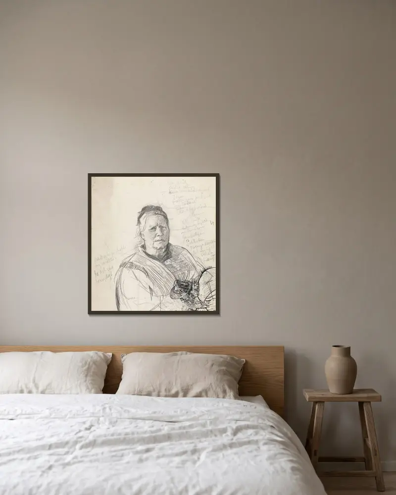 Frauenporträt und Entwurf zu einer Snorre-Zeichnung von Christian Krohg gerahmt an einer Wand