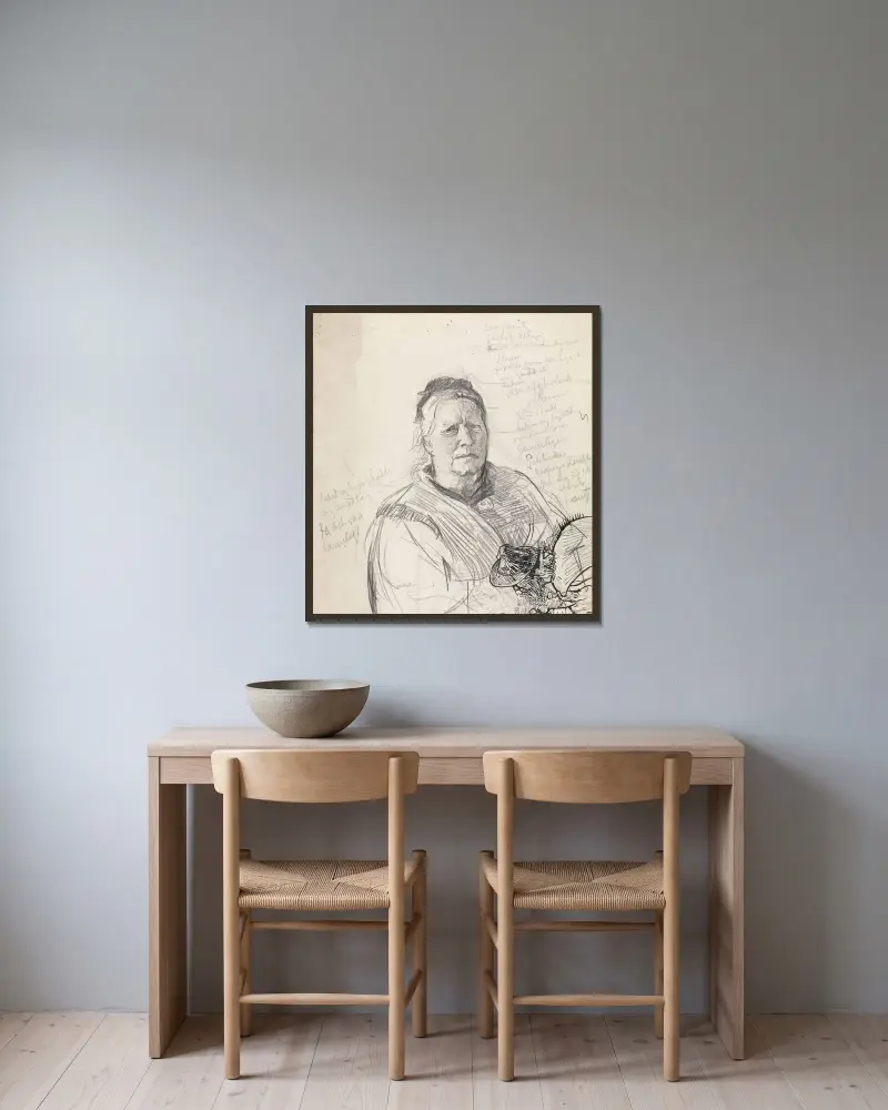 Frauenporträt und Entwurf zu einer Snorre-Zeichnung von Christian Krohg gerahmt an einer Wand