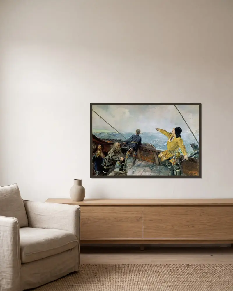 Leiv Eirikson discovering America av Christian Krohg inramad på en vägg