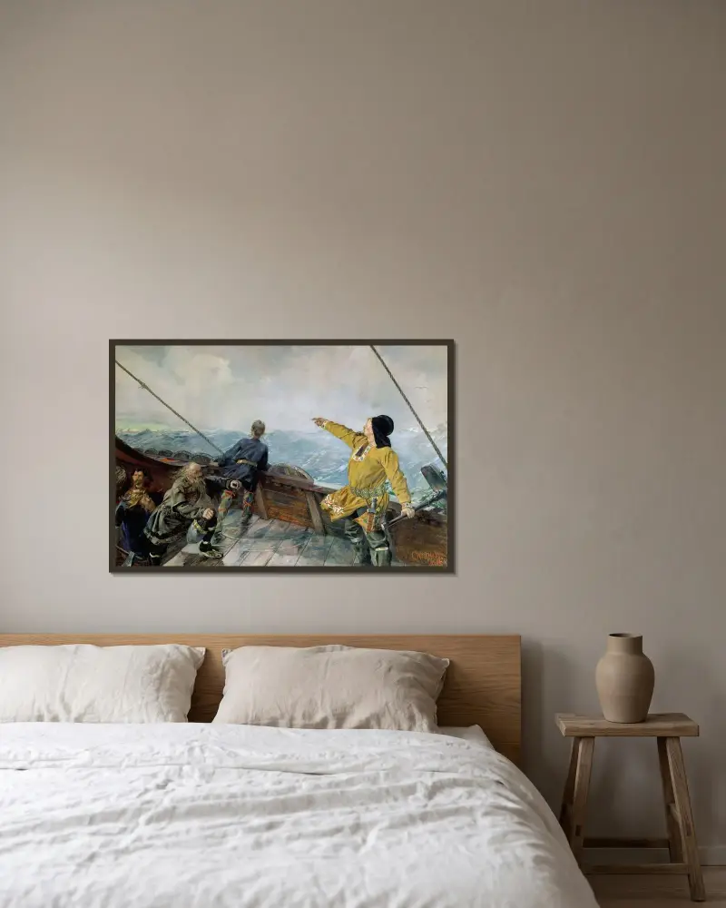 Leiv Eirikson discovering America av Christian Krohg inramad på en vägg