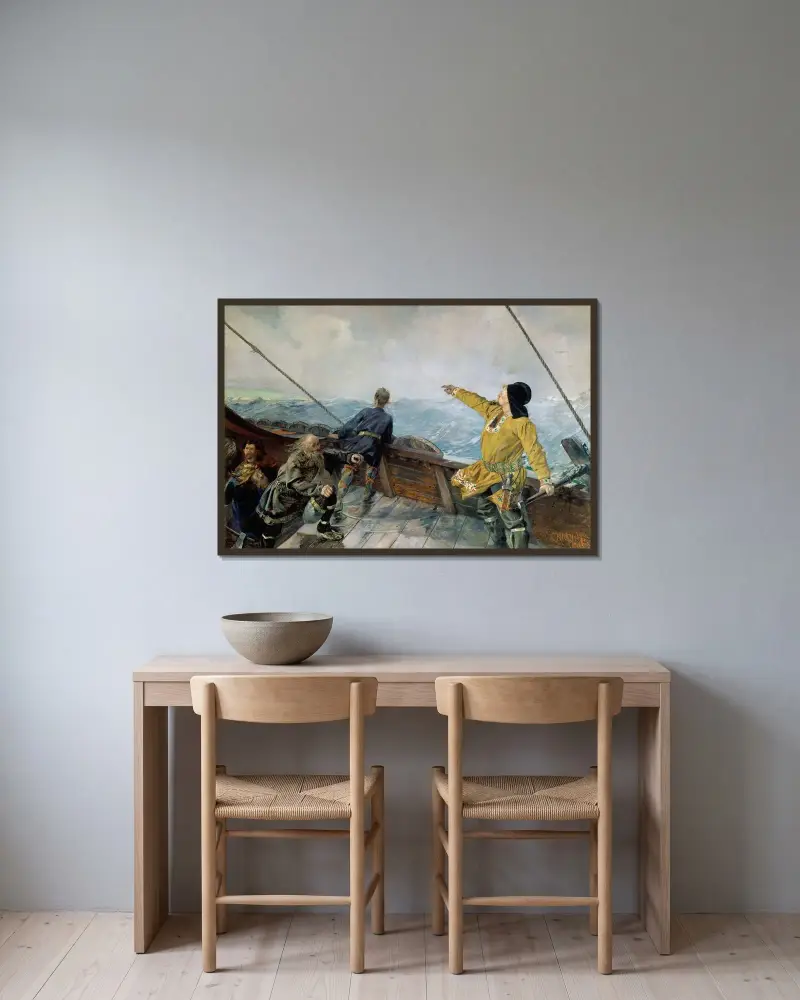 Leiv Eirikson discovering America av Christian Krohg inramad på en vägg
