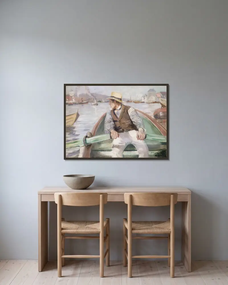 Se framåt, Bergens hamn av Christian Krohg inramad på en vägg