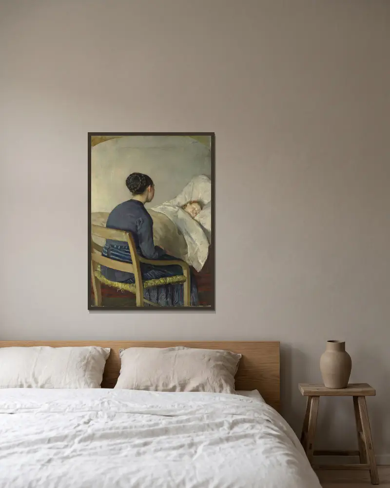 Mother at her Child’s Bed av Christian Krohg inramad på en vägg
