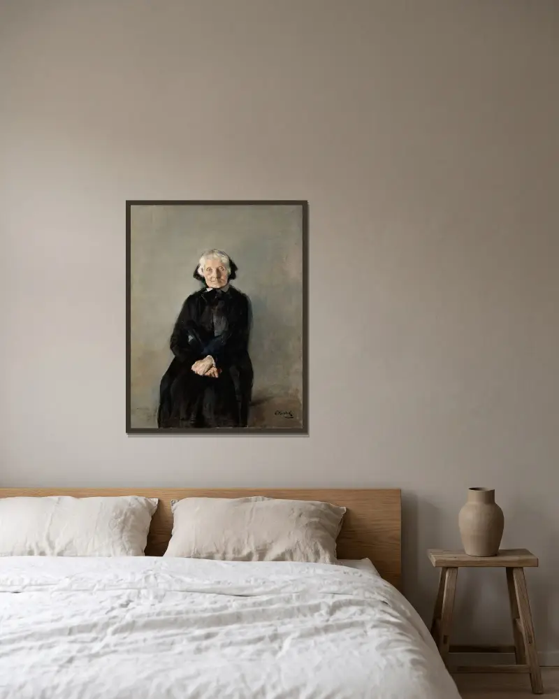 Porträtt av Marie Krohg, konstnärens faster av Christian Krohg inramad på en vägg