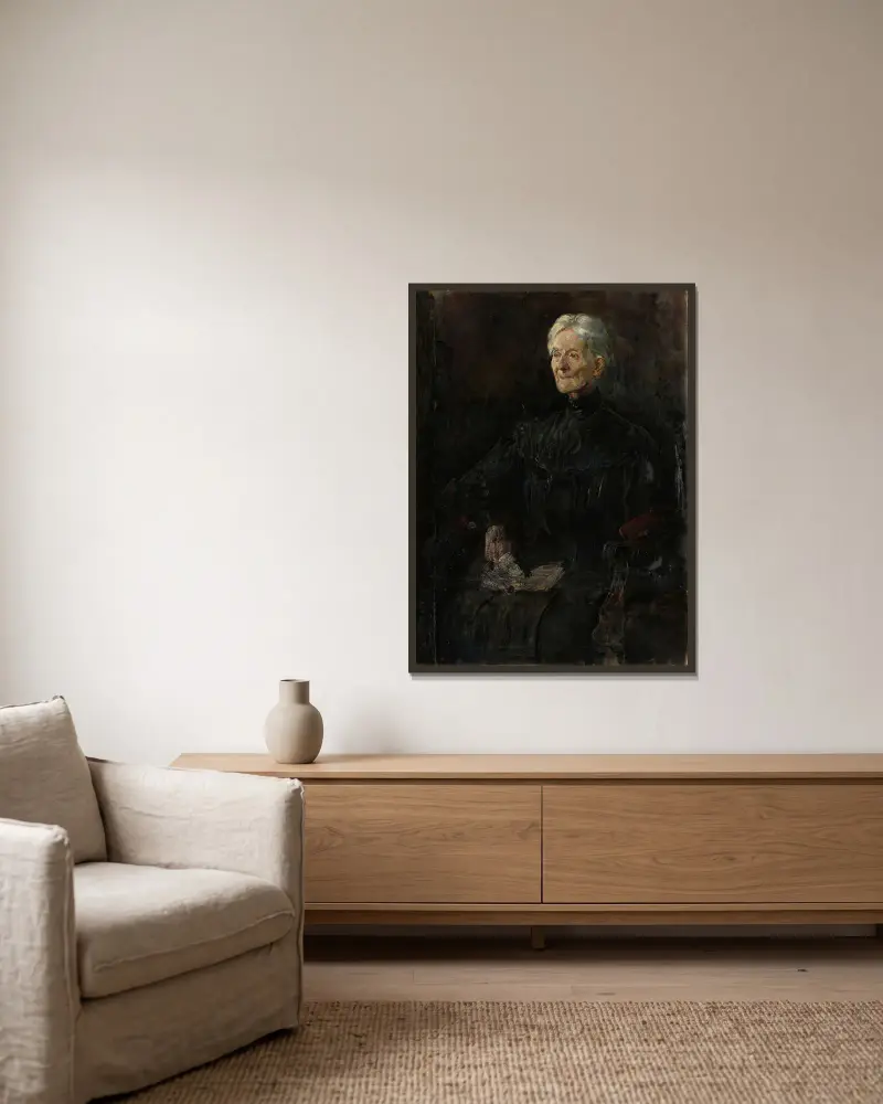 Porträtt av Mrs. Betsy Gude av Christian Krohg inramad på en vägg