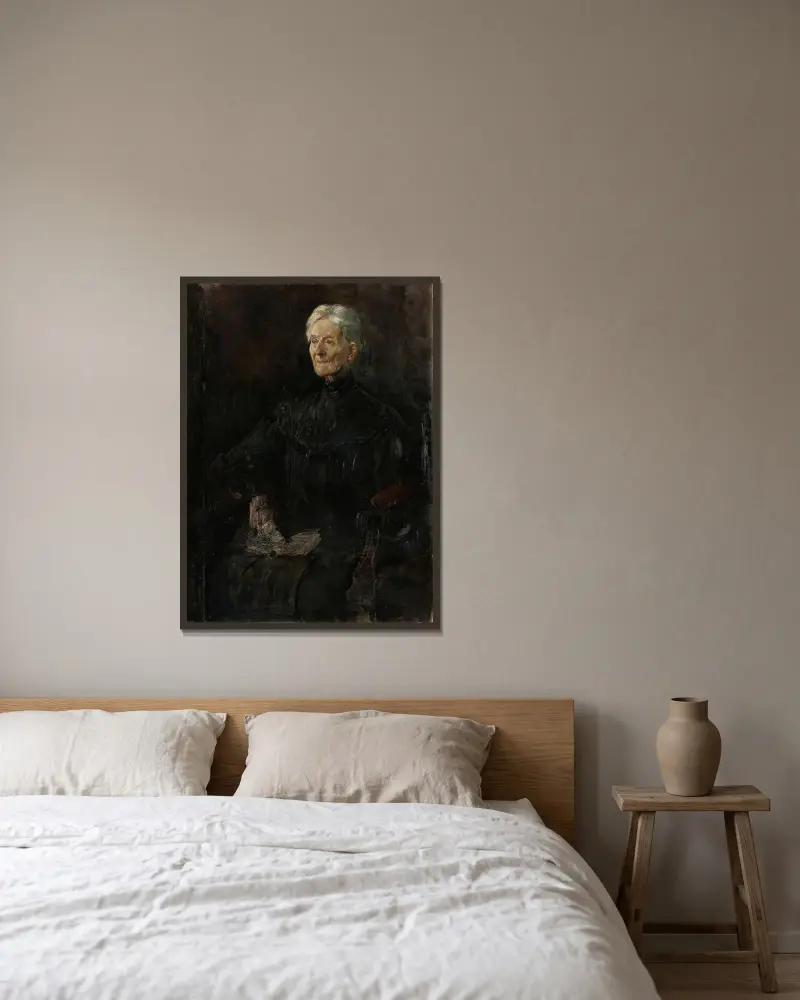 Porträtt av Mrs. Betsy Gude av Christian Krohg inramad på en vägg