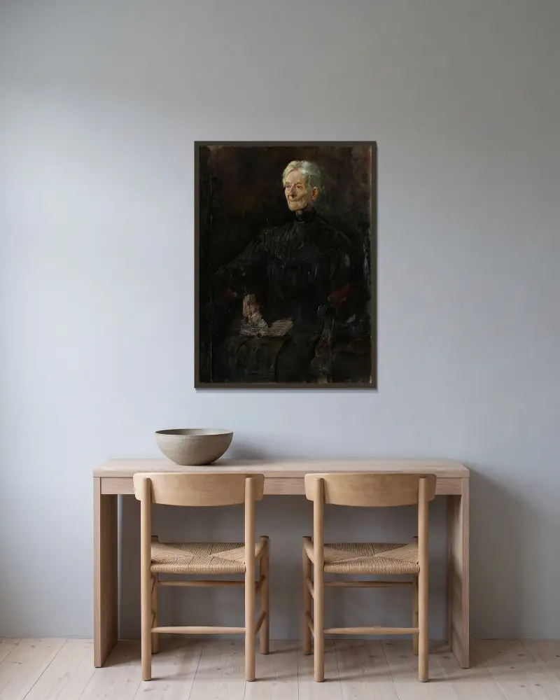 Porträtt av Mrs. Betsy Gude av Christian Krohg inramad på en vägg