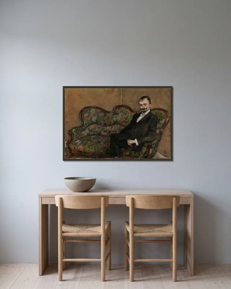 Portrait of Sigurd Bødtker av Christian Krohg inramad på en vägg