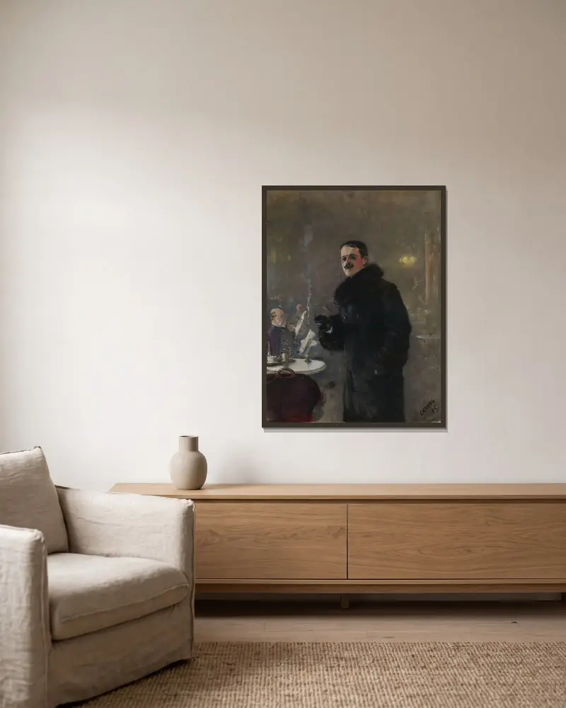 Portrait of the Painter Gerhard Munthe av Christian Krohg inramad på en vägg