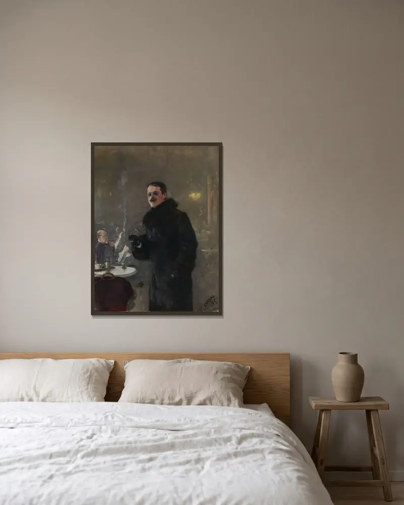 Portrait of the Painter Gerhard Munthe av Christian Krohg inramad på en vägg
