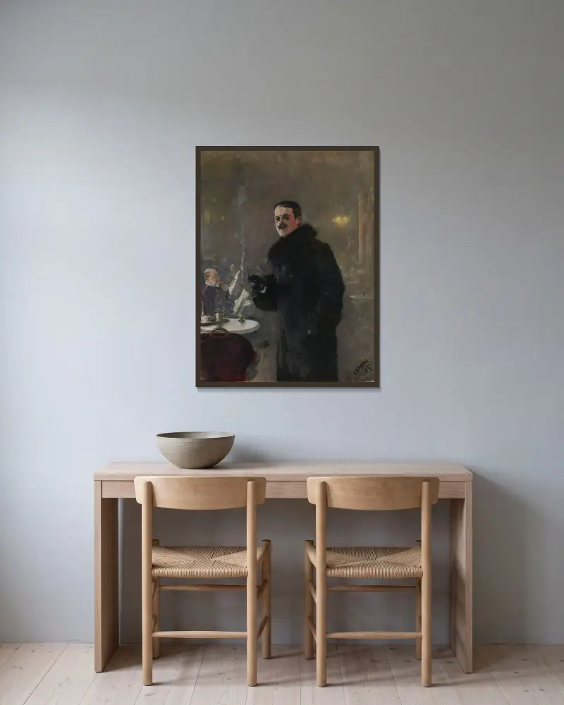 Portrait of the Painter Gerhard Munthe av Christian Krohg inramad på en vägg