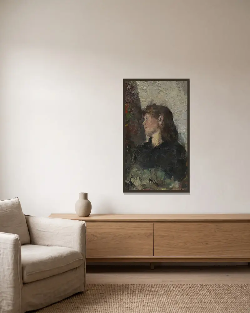 Porträtt av målaren Oda Krohg av Christian Krohg inramad på en vägg