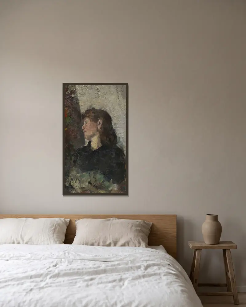 Porträtt av målaren Oda Krohg av Christian Krohg inramad på en vägg
