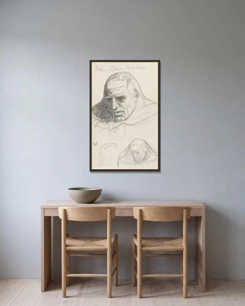 Porträtthuvuden av Christian Krohg inramad på en vägg