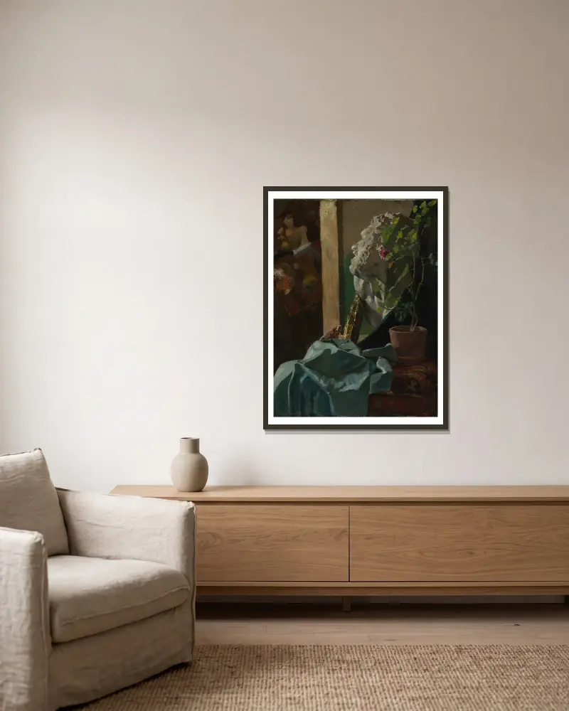 Stillleben mit Gipsbüste von Christian Krohg gerahmt an einer Wand