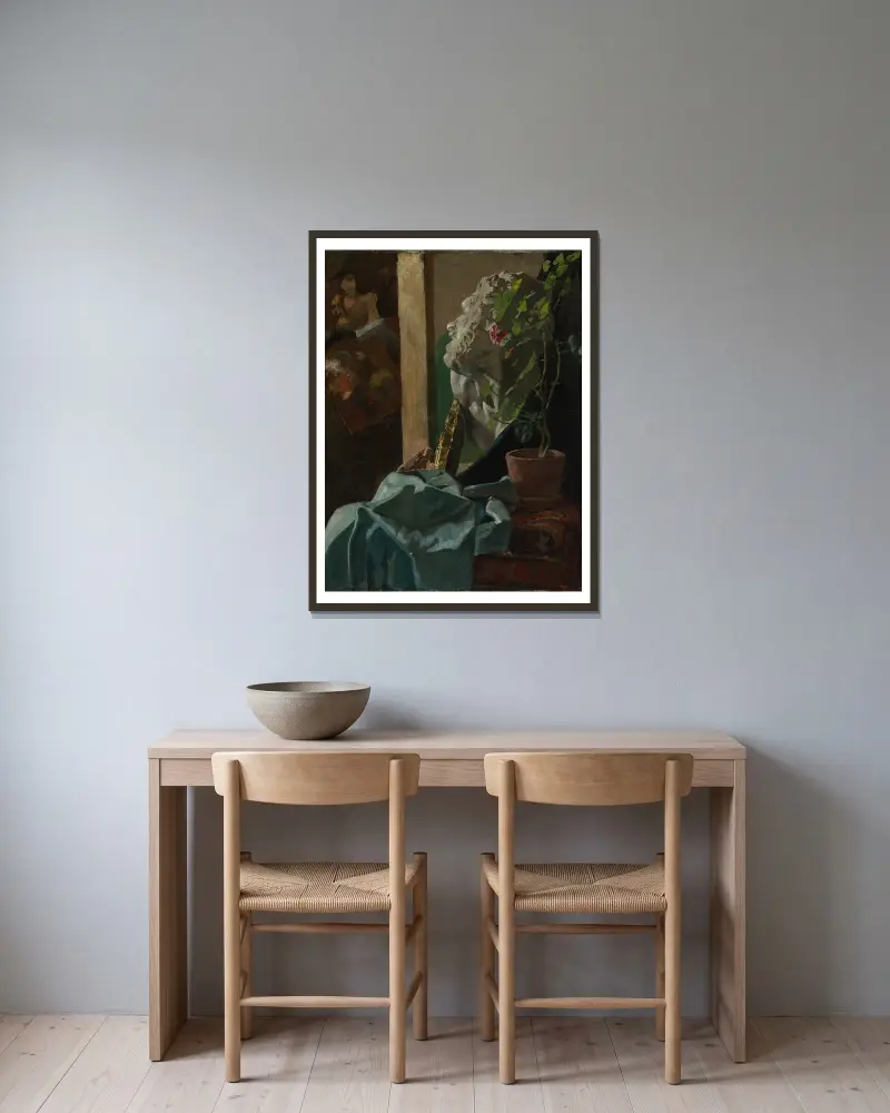 Stillleben mit Gipsbüste von Christian Krohg gerahmt an einer Wand