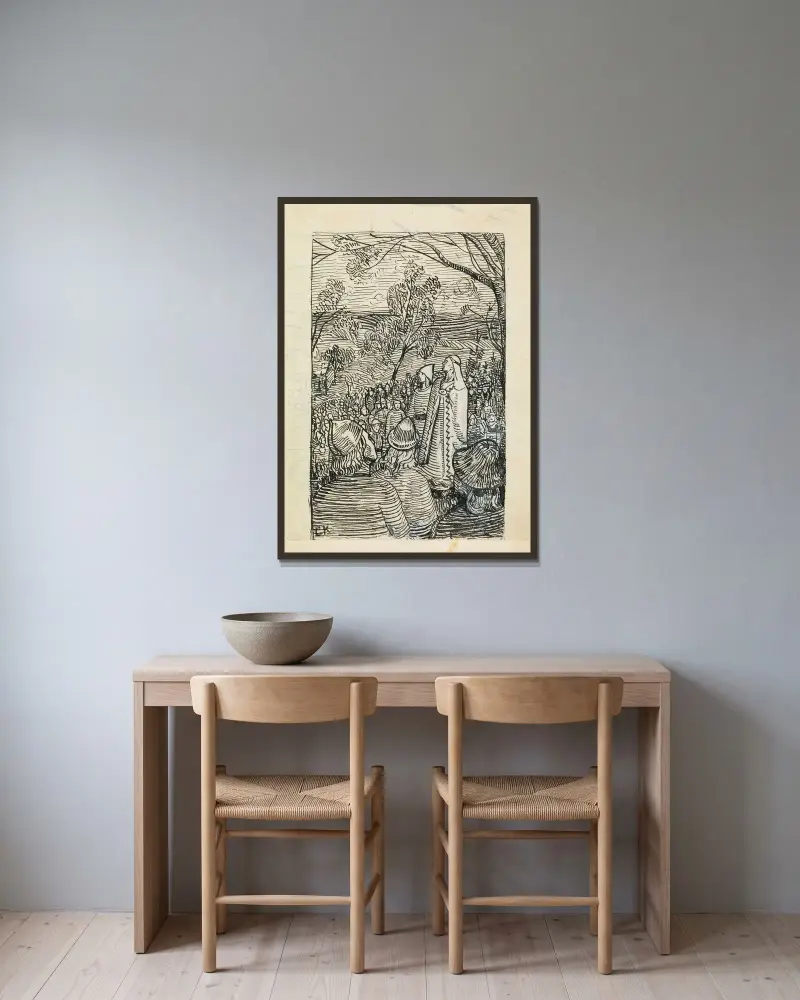 Ungenutzte Illustration, Snorre Sturlason, Königssagas, Kristiania 1899 von Christian Krohg gerahmt an einer Wand