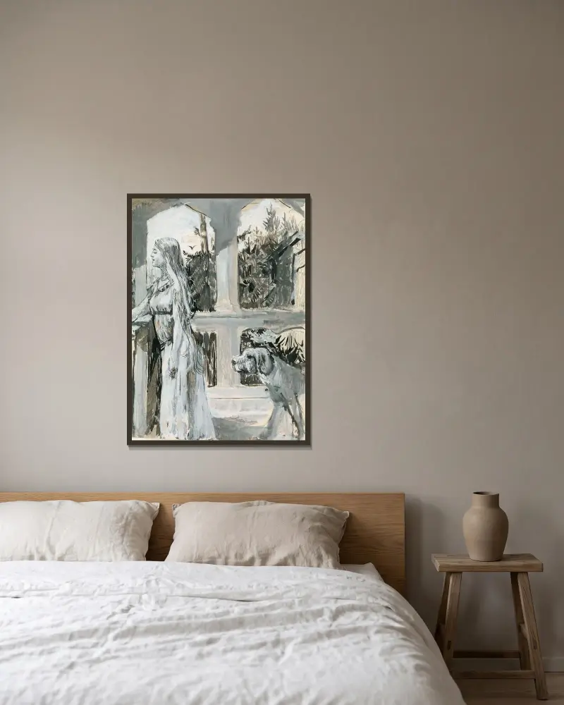Variant av illustration till 'Harald Hårfagre' i Snorre Sturlasson, Kungasagor av Christian Krohg inramad på en vägg