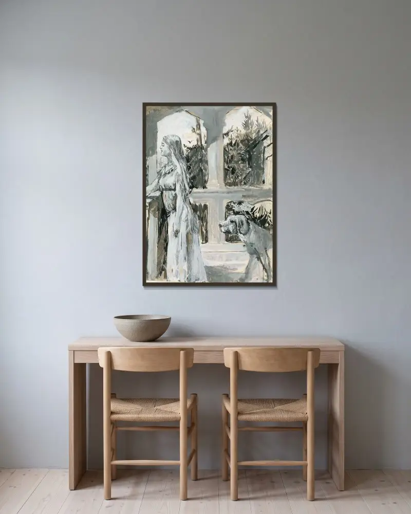 Variant av illustration till 'Harald Hårfagre' i Snorre Sturlasson, Kungasagor av Christian Krohg inramad på en vägg