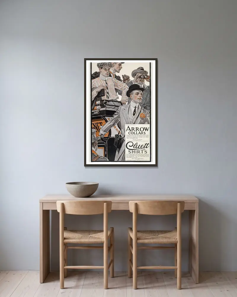 Arrow collars. Cluett shirts, 1910 av Joseph Christian Leyendecker inramad på en vägg