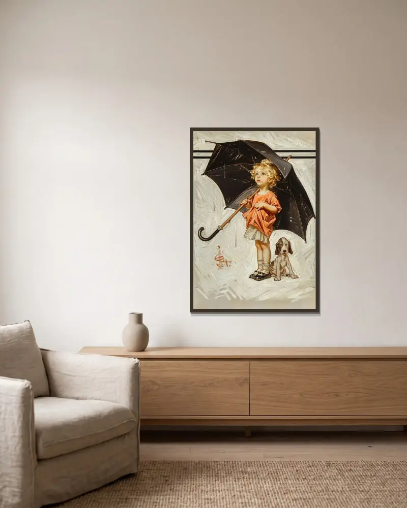 Fångad i regnet av Joseph Christian Leyendecker inramad på en vägg