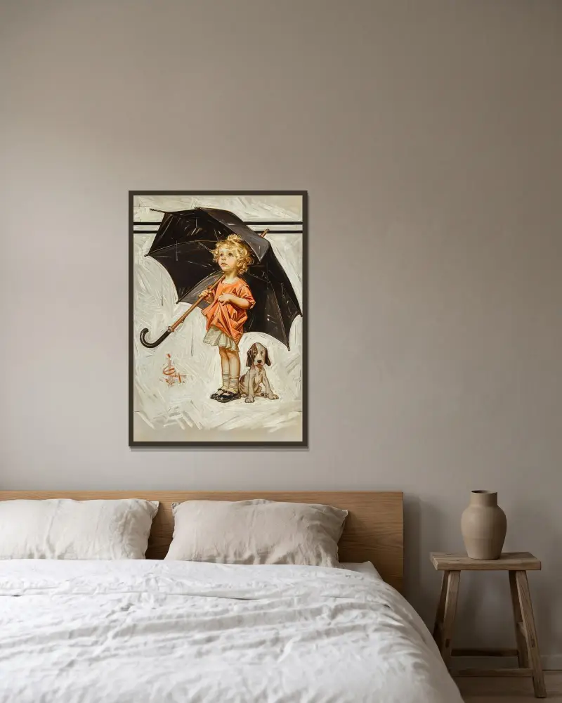 Fångad i regnet av Joseph Christian Leyendecker inramad på en vägg