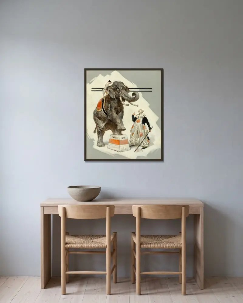 Cirkushörna av Joseph Christian Leyendecker inramad på en vägg