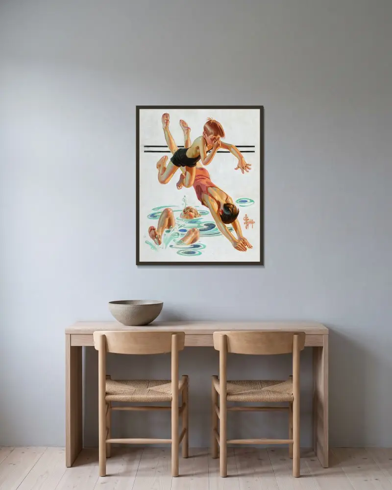 Diving In av Joseph Christian Leyendecker inramad på en vägg