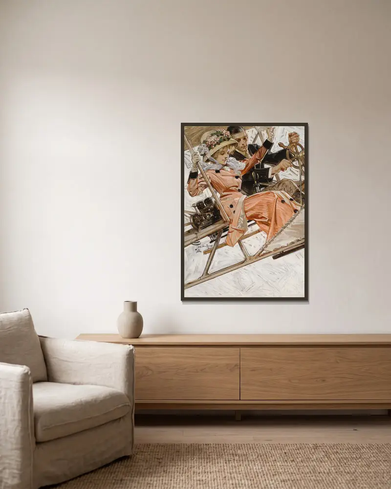 Erster Flug im Flugzeug von Joseph Christian Leyendecker gerahmt an einer Wand