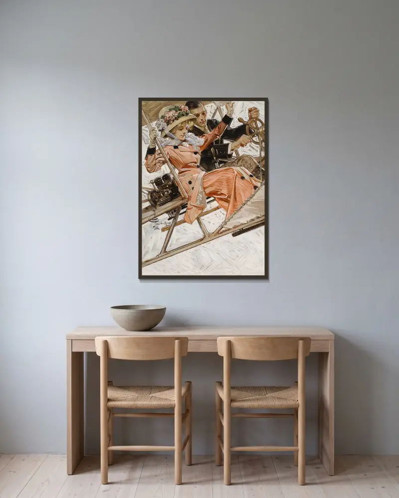 Erster Flug im Flugzeug von Joseph Christian Leyendecker gerahmt an einer Wand