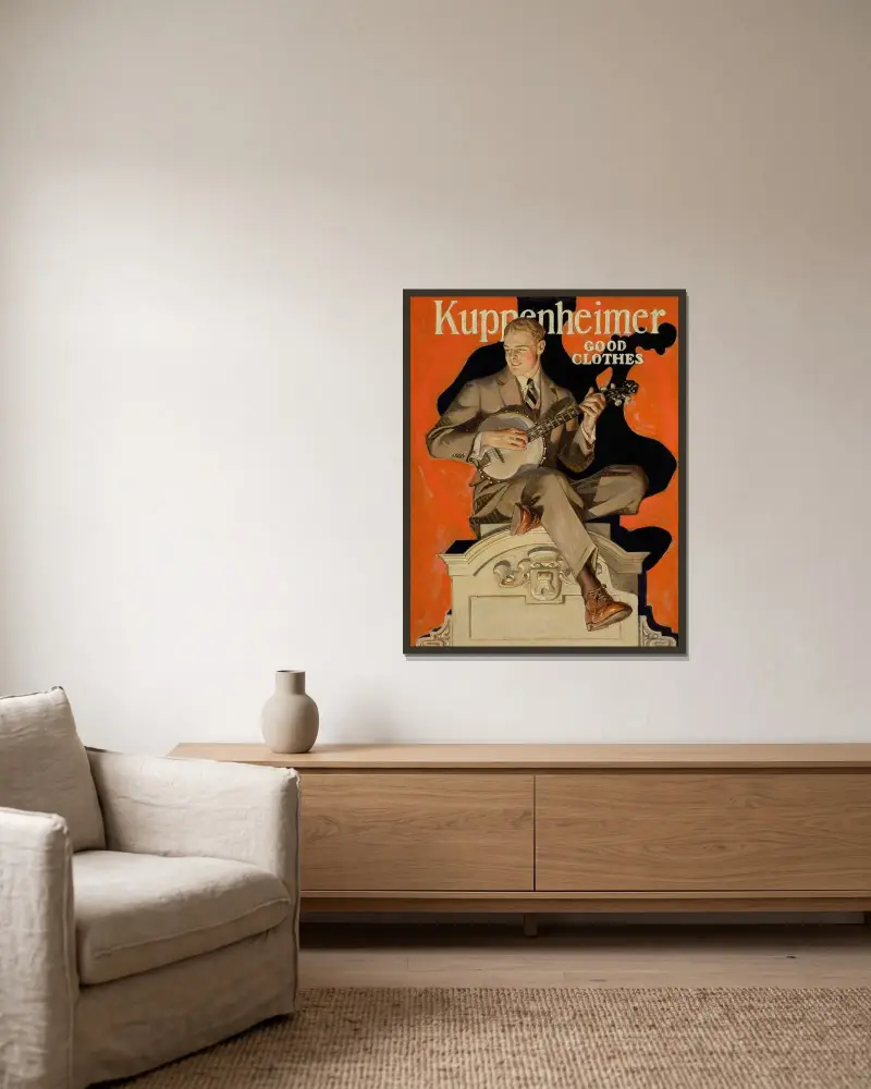 Kuppenheimer Good Clothes (Banjo Player) av Joseph Christian Leyendecker inramad på en vägg