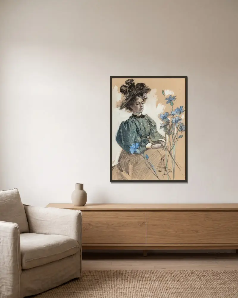 Dam med blommor av Joseph Christian Leyendecker inramad på en vägg