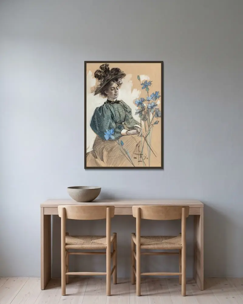 Dam med blommor av Joseph Christian Leyendecker inramad på en vägg