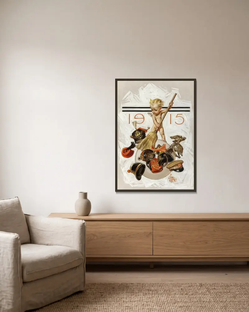 Nyårsbarnet (Städning) av Joseph Christian Leyendecker inramad på en vägg