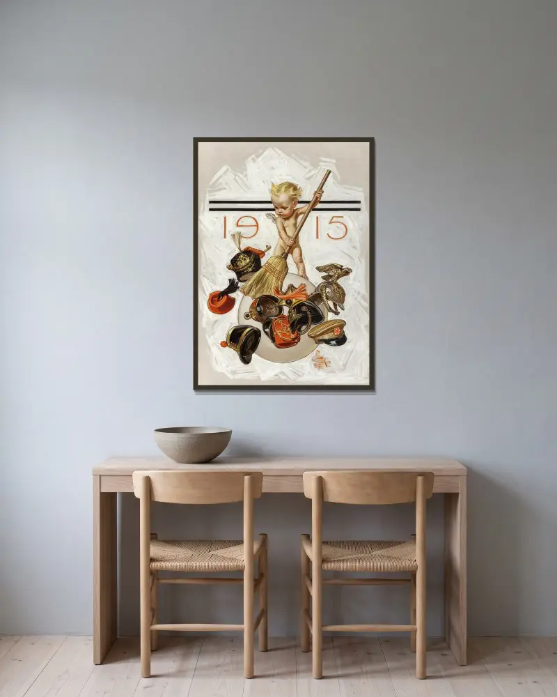 Nyårsbarnet (Städning) av Joseph Christian Leyendecker inramad på en vägg