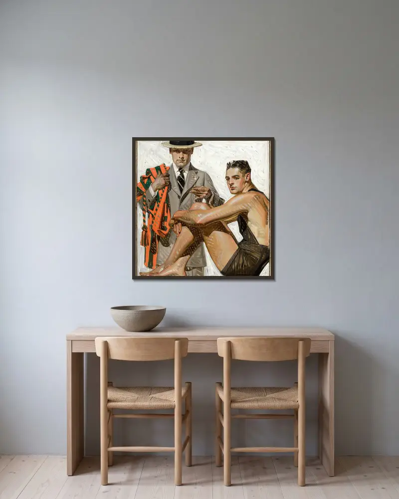 Record Time, Cool Summer Comfort, House of Kuppenheimer ad av Joseph Christian Leyendecker inramad på en vägg
