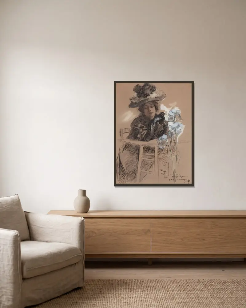 Sittande dam med elegant hatt av Joseph Christian Leyendecker inramad på en vägg