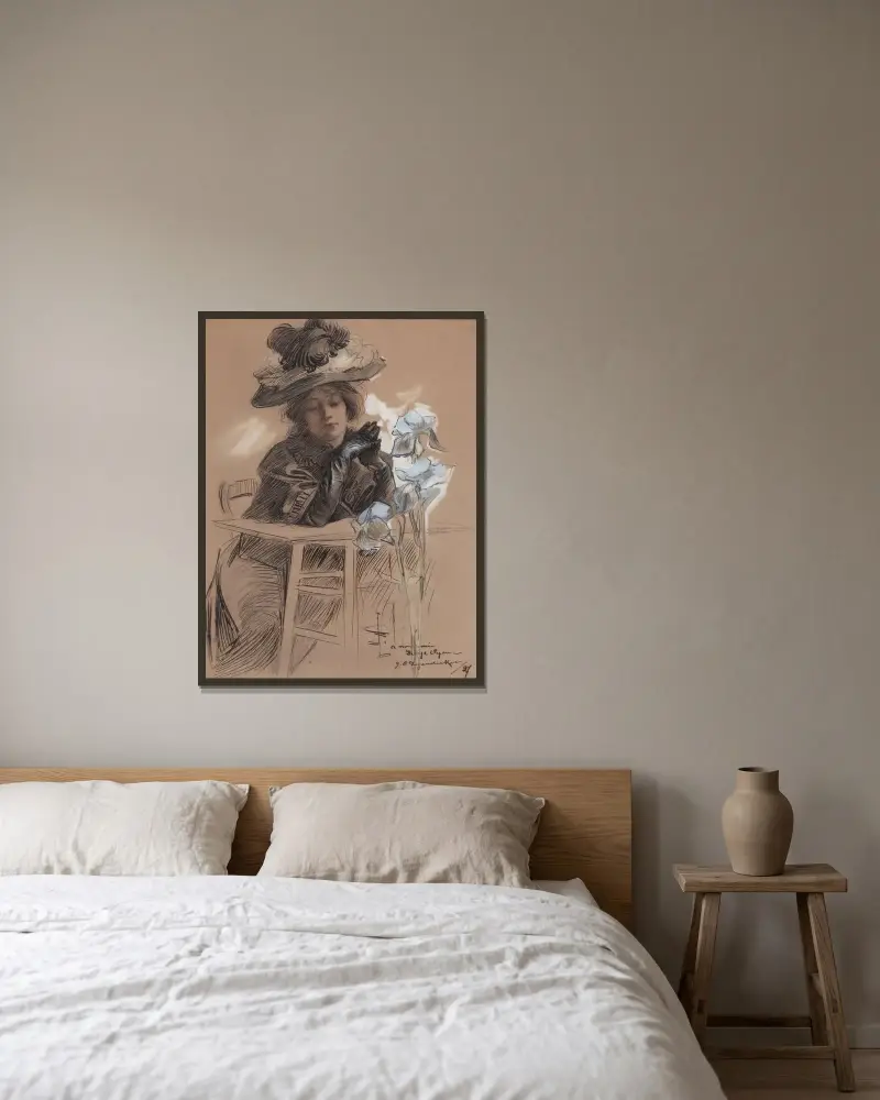 Sittande dam med elegant hatt av Joseph Christian Leyendecker inramad på en vägg