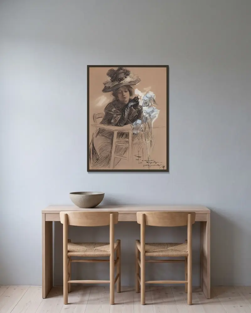 Sittande dam med elegant hatt av Joseph Christian Leyendecker inramad på en vägg