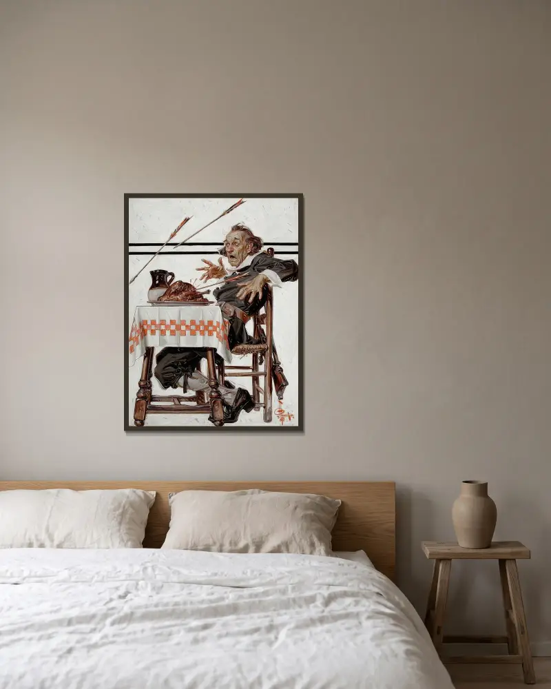 Skrämd pilgrim av Joseph Christian Leyendecker inramad på en vägg
